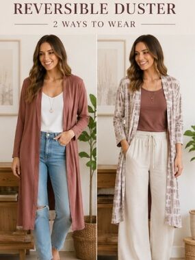 MarlaWynne Reversible Light Mauve Patterned to Mocha Open Duster Cardigan SzS